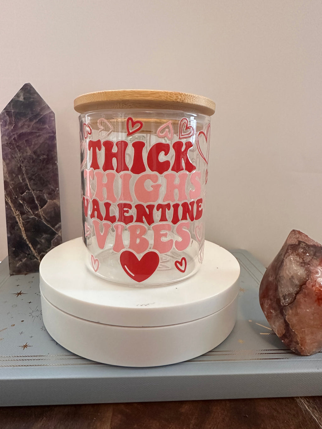 Thick Thighs Valentine VibesClear Glass Mug with Bamboo Lid