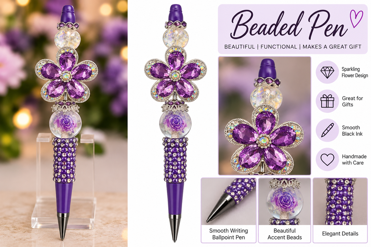 Purple Crystal Flower Luxury Beaded Pen – Handmade Extended Design