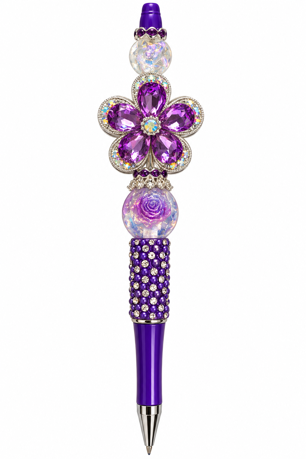 Purple Crystal Flower Luxury Beaded Pen – Handmade Extended Design