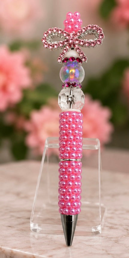 Pink Pearl Beaded Pen with Sparkling Rhinestone Bow – Handmade Gift Pen