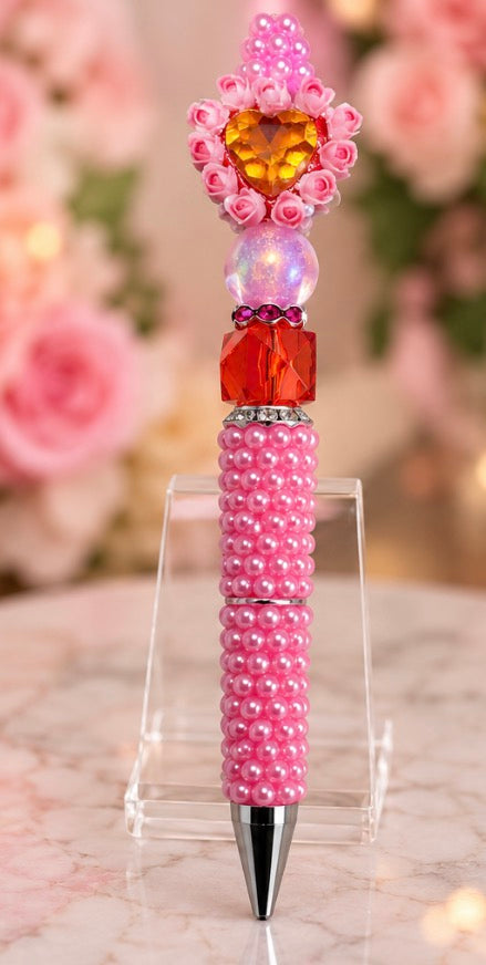 Pink Pearl Beaded Pen – Golden Heart & Roses