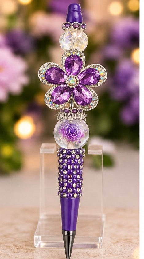 Purple Crystal Flower Luxury Beaded Pen – Handmade Extended Design