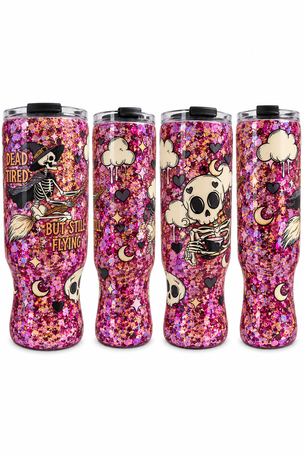 Dead Tired But Still Flying – 25 oz Pink Mix Glitter Tumbler 💀🧹✨