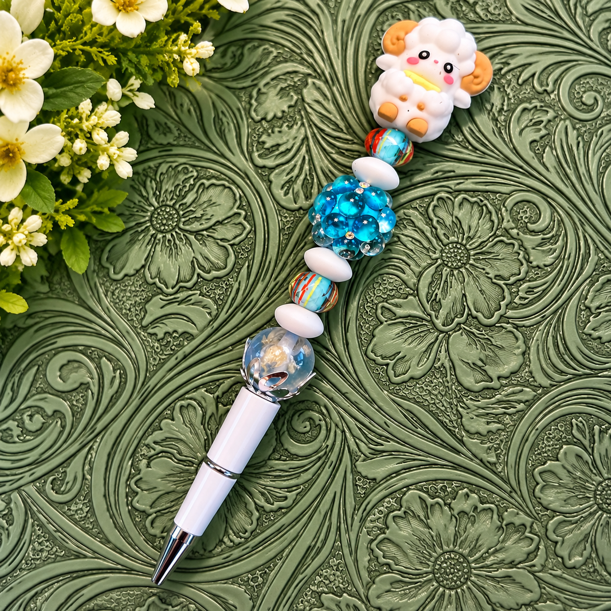 Handmade Sheep Beaded Pen – Blue & White