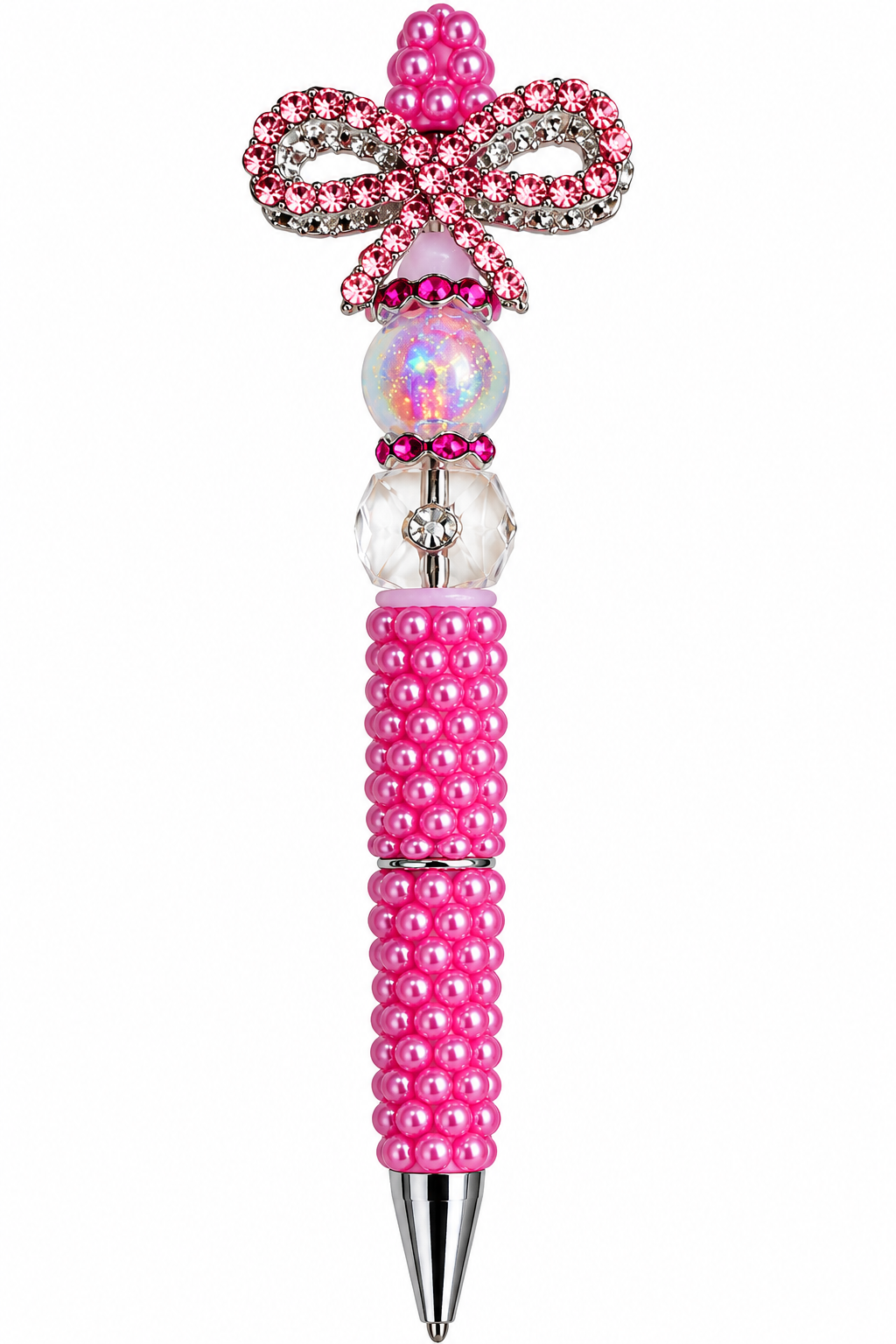 Pink Pearl Beaded Pen with Sparkling Rhinestone Bow – Handmade Gift Pen