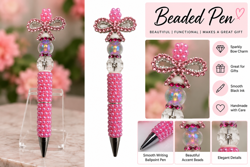 Pink Pearl Beaded Pen with Sparkling Rhinestone Bow – Handmade Gift Pen