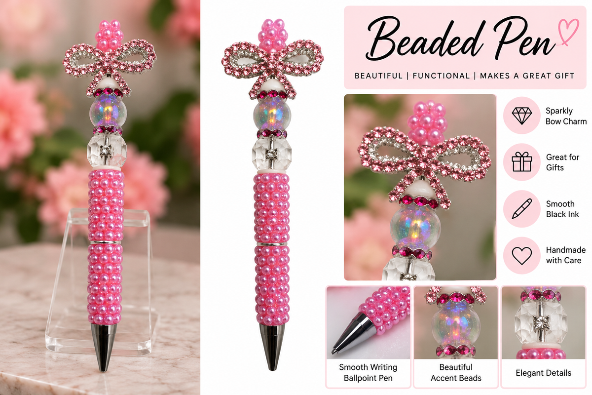 Pink Pearl Beaded Pen with Sparkling Rhinestone Bow – Handmade Gift Pen