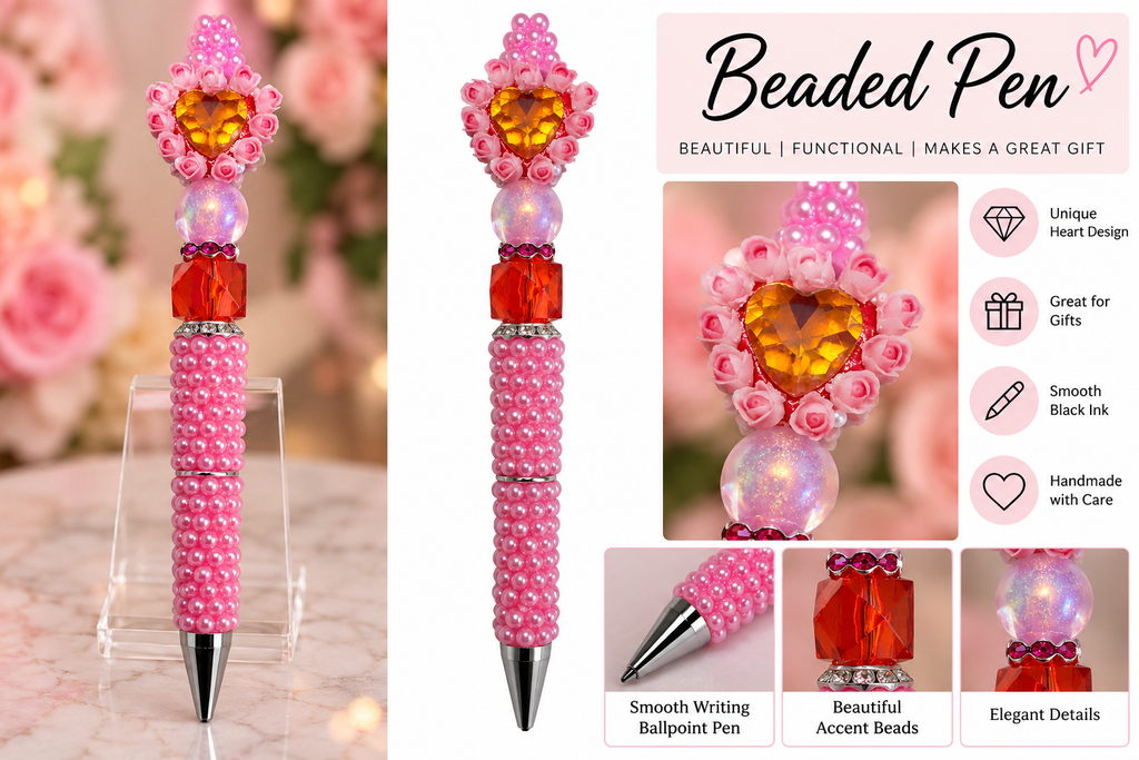Pink Pearl Beaded Pen – Golden Heart & Roses